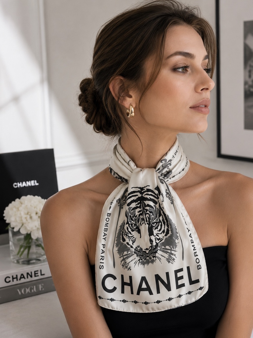CHANEL Tiger Pattern Silk Scarf Women Auth w/ Box Like New Condition